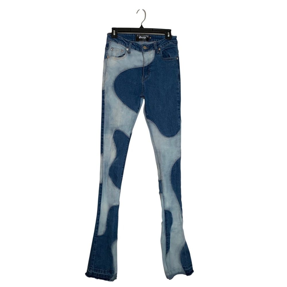 Guapi Two Tone Patchwork stacked Wavy Denim Jeans Blue Streetwear Mens Size 28